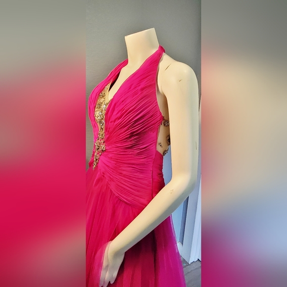 Terani Couture Fushia Halter Gown Dress S10 With Nude Push Up And Garment Bag - Picture 4 of 16